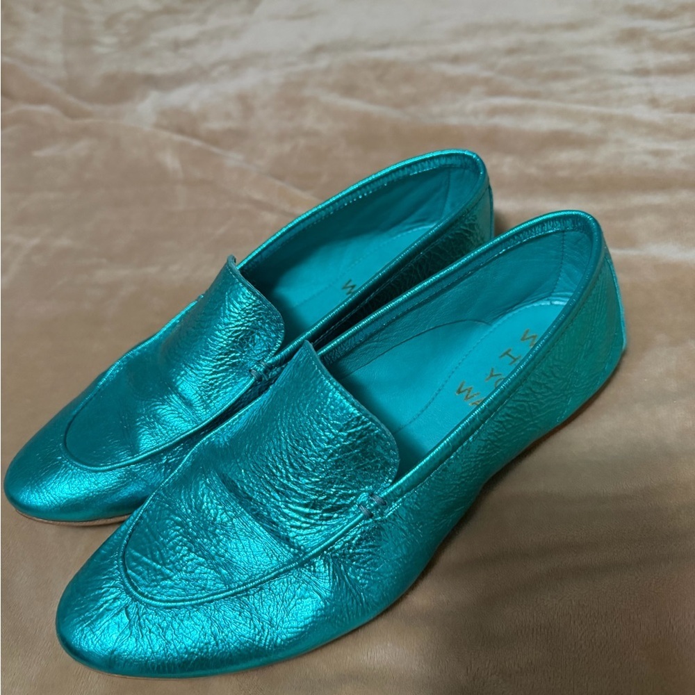 Zvellle Canada Metallic Crinkle Leather Teal Aqua Loafers Women’s 36/6